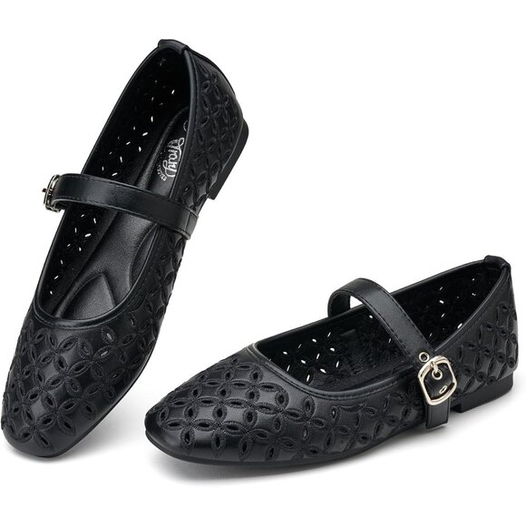 Women's Black Ballet Squared Toe Ankle Strap PU Comfortable Dressy Flats Shoes - Picture 1 of 6